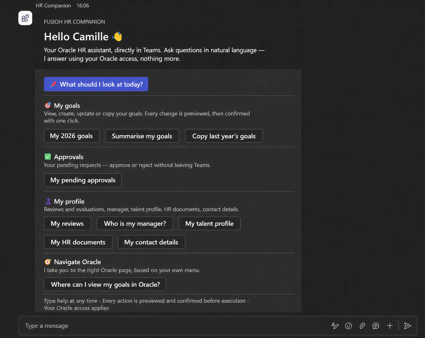 Camille’s employee HR Companion home in Microsoft Teams.