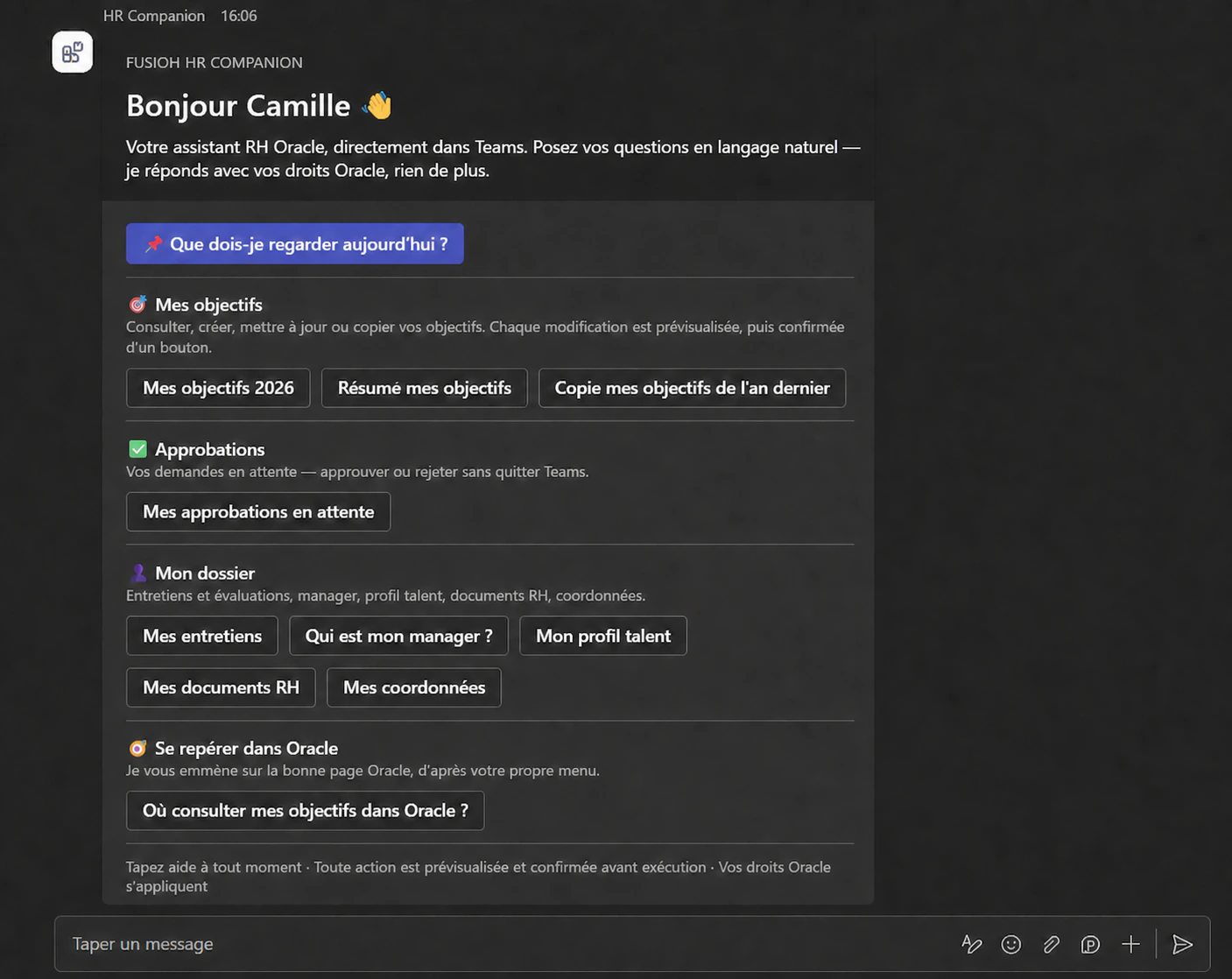 Accueil HR Companion de Camille, collaboratrice, dans Microsoft Teams.