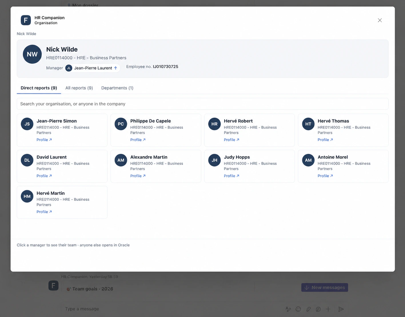 Interactive organisation chart opened inside Microsoft Teams.