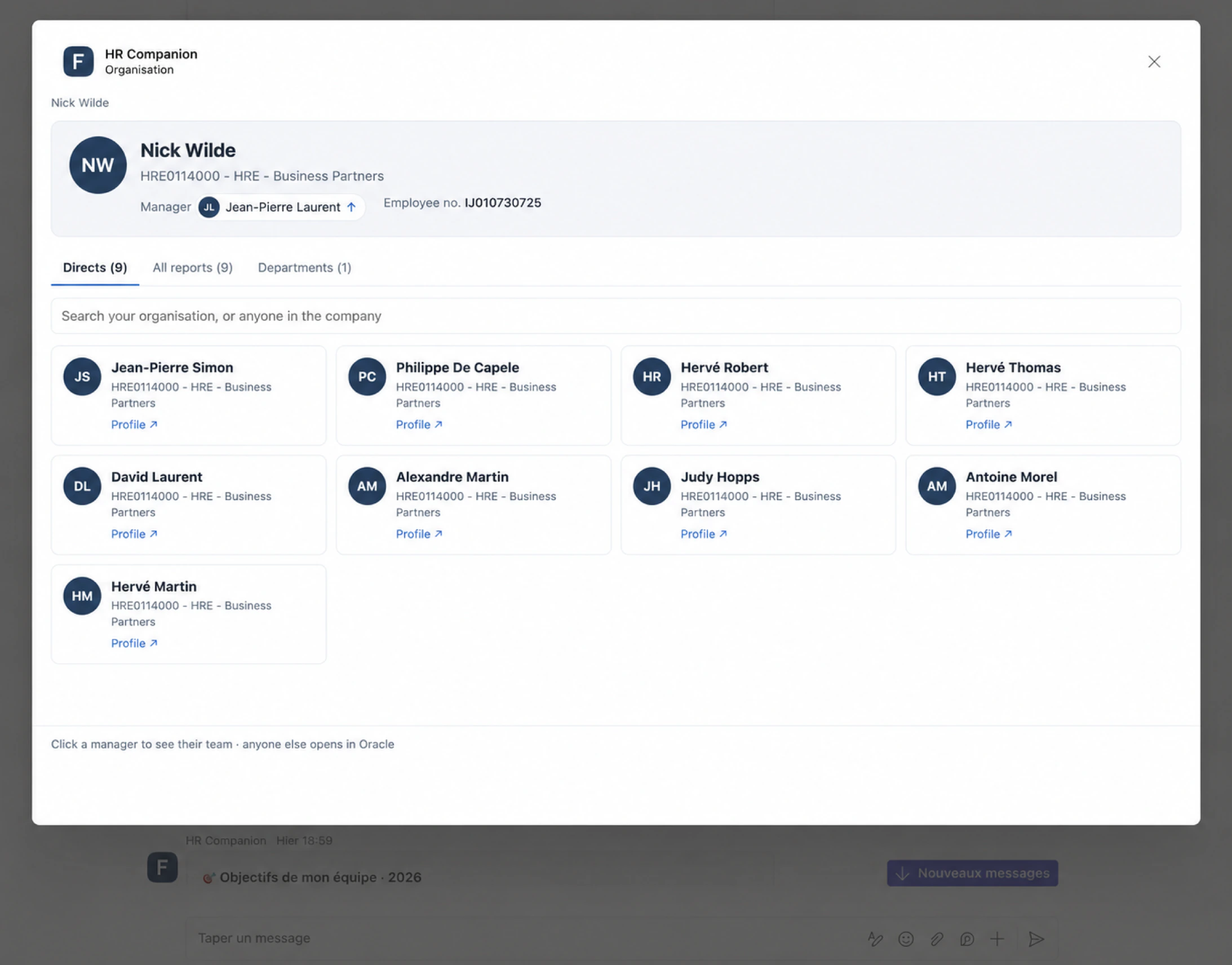 Organigramme interactif ouvert dans Microsoft Teams.