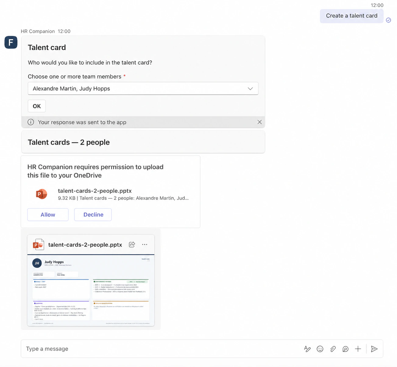 HR Companion creates a PowerPoint talent card inside a Microsoft Teams conversation.