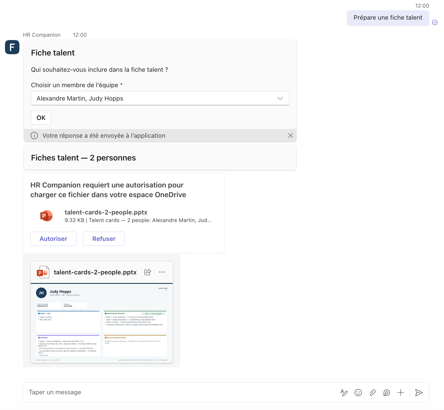 HR Companion génère une fiche talent PowerPoint dans une conversation Microsoft Teams.