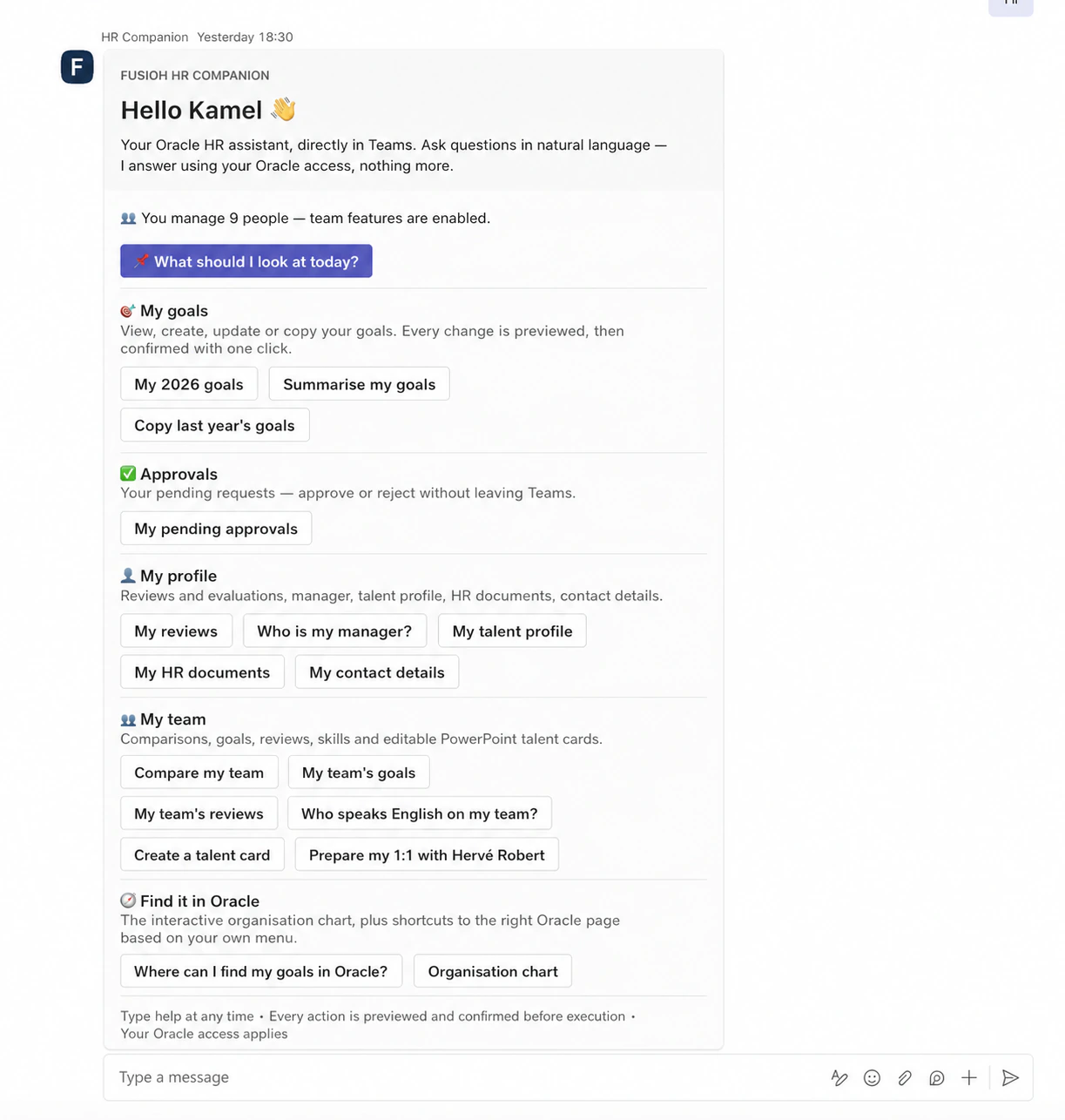 Kamel’s manager HR Companion home in Microsoft Teams.