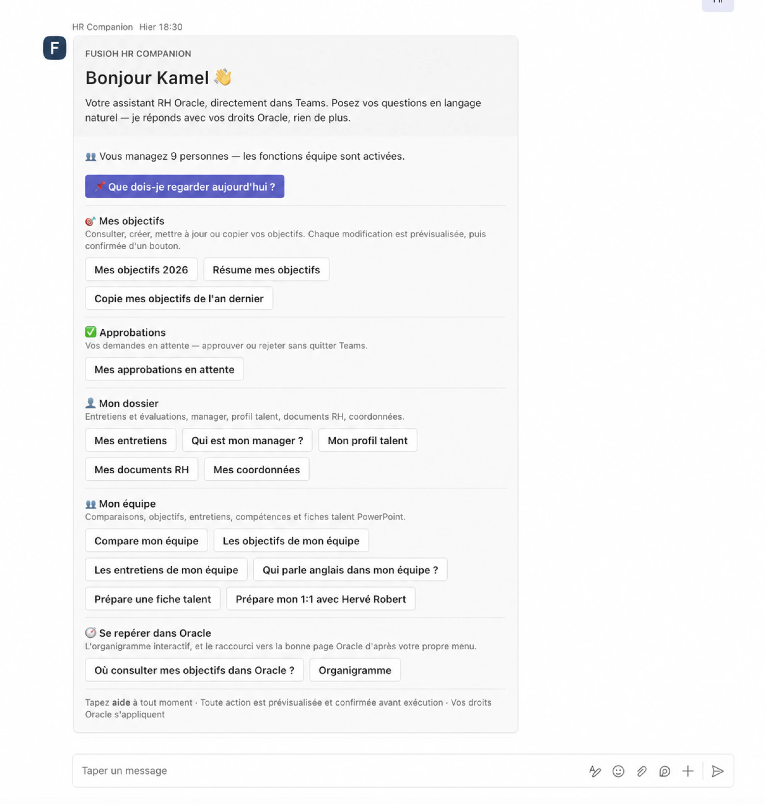 Accueil HR Companion de Kamel, manager, dans Microsoft Teams.